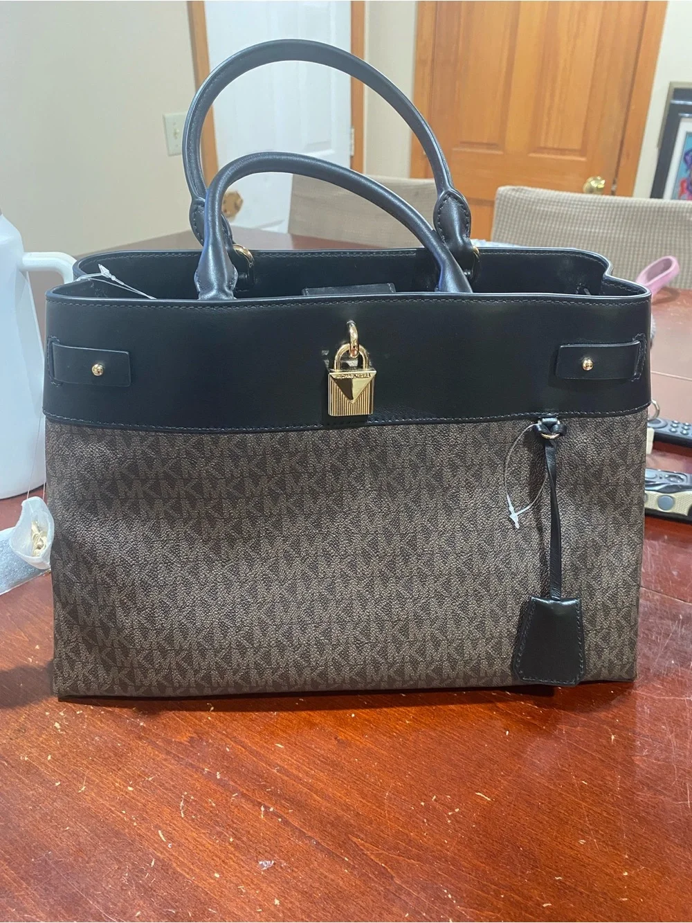 Michael Kors Brown and Black Monogram Satchel with Gold Hardware